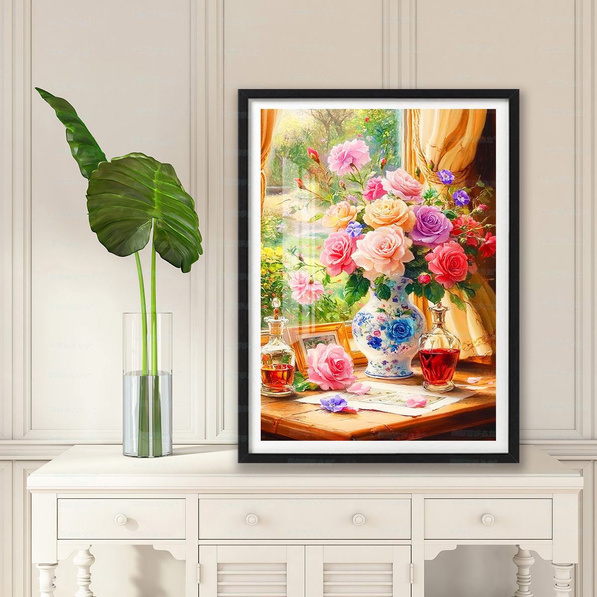 Tela de Algodón Importada, Punto de Cruz de la Mona Lisa, Rosas en el Alféizar de la Ventana, Nuevo Diseño Floral Simple, Patrón Pequeño de Punto de Cruz