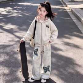 2026中大童春秋季时尚阔腿裤女童百搭连帽卫衣拉链外套套装潮