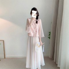 夏の新しい唐装中国風の新しい中国風改良漢服女性のピンクのシャツドレスツーピーススーツ