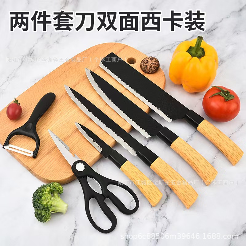 스테인레스 스틸 6피스 칼 세트, 양면 카드 장착 과일 칼, 요리사 칼, 가위, 멜론 강판, 도구 세트 조합