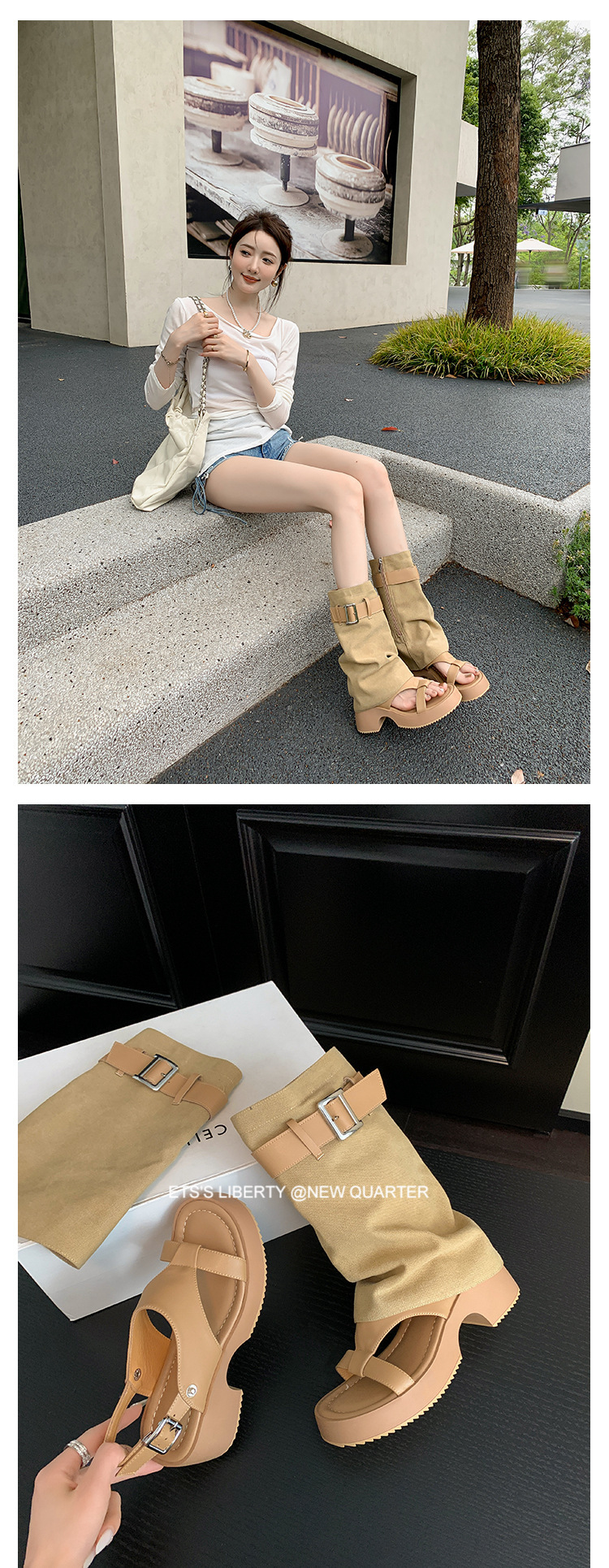 Sandal cao gót hở mũi nữ đế dày gót vuông, quai thắt lưng da bò — Màu đen chi tiết 8