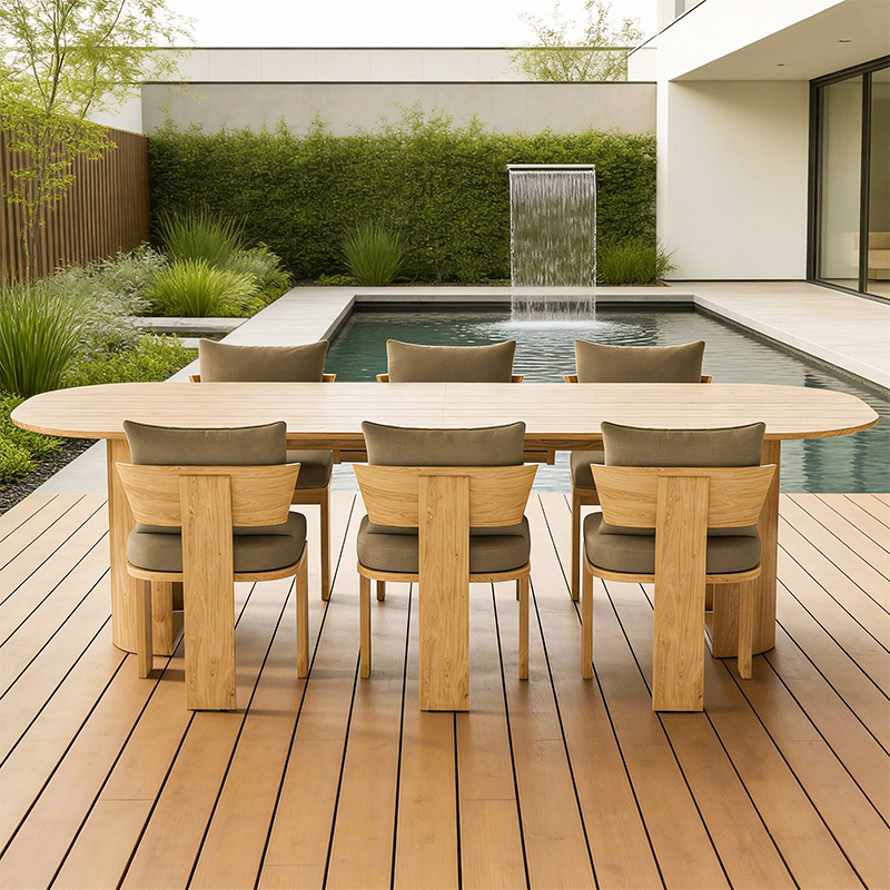 Mesa y sillas de madera maciza al aire libre patio villa jardín terraza impermeable anticorrosivo al aire libre alojamiento residencial hotel de teca muebles de alta gama image 1