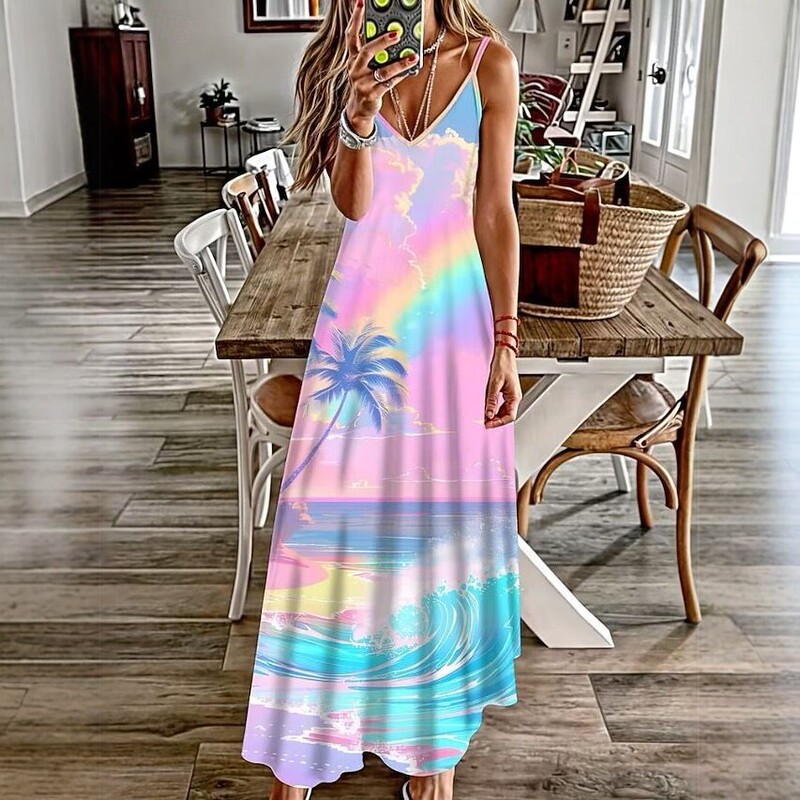 2026 Summer Gradient Rainbow Beach Print Camisole Dress V-Neck Flared Long Dress Plus Size Dress