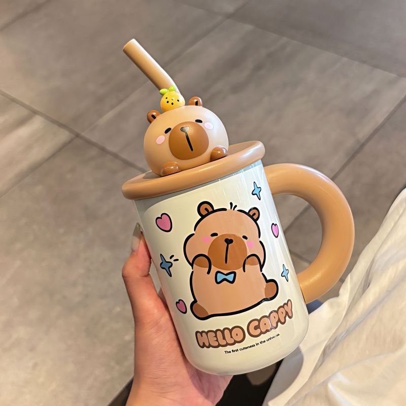 かわいい Kapibara 子供用ポットとカップセット学生魔法瓶カップ調節可能なカップロープポータブルシリコンノズル飲料カップ|undefined