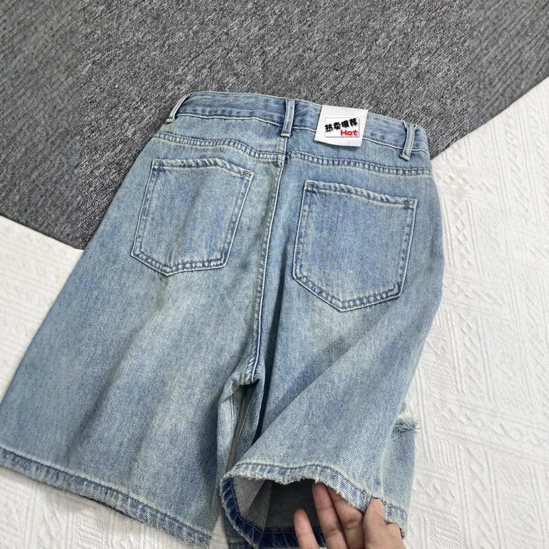 メンズ夏用リップドデニムショートパンツ、薄手アメリカントレンドルーズストレートパンツ、日本トレンドブランドハイストリート5点パンツ|undefined