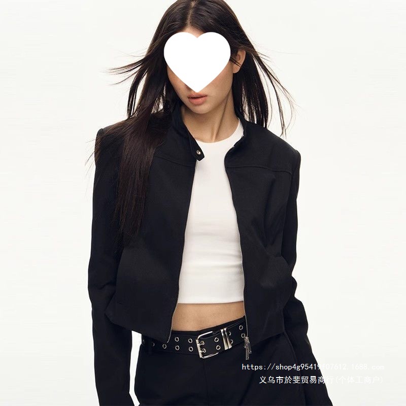 American retro sweet and cool hot style black stand collar short jacket for women, spring slim fit and trendy top