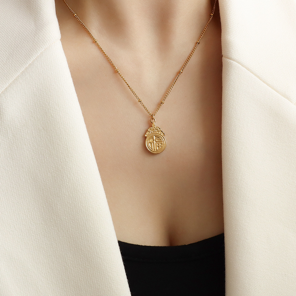 Chinese Style Jewelry Good Luck Fortune Ancient Style Pendant ins Style Simple Necklace Women's Titanium Steel Gold Clavicle Chain Accessories_voghion.com