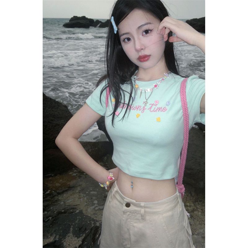 Back Collar Pure Cotton Summer Slimming Look Women's Waist Slimming Look Short T-Shirt Top Light Blue Casual Splicing Lace