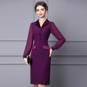 Purple long sleeve waist closing thin skirt 2022 new spring dress