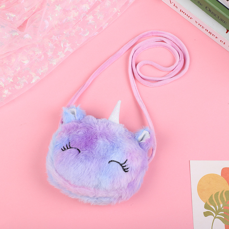 Estilo coreano de dibujos animados lindo unicornio felpa pequeña bolsa de hombro chica estudiante hombro mensajero bolsa de almacenamiento de bebé monedero