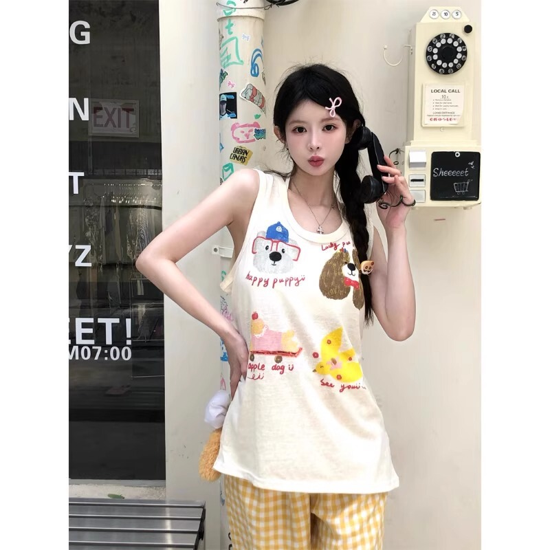 Counter Withdrawal ~ Cute Age-Reducing Dog Cartoon Print Vest with Lazy Style Korean Apricot Top