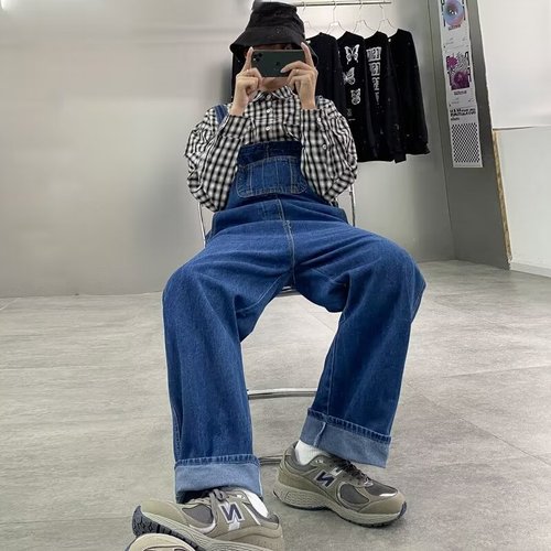 Men's Spring and Autumn Fashion Workwear Belted Denim Straight Loose Hem Pockets Trendy Loose One-Piece Pants