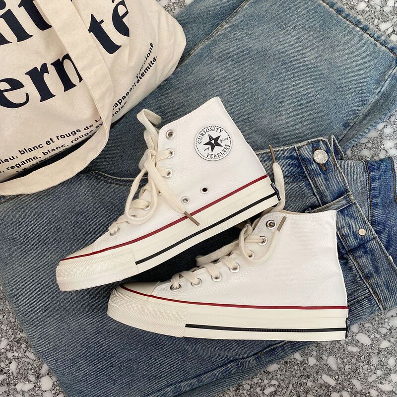 High-Top Canvas Shoes for Female Students, Korean Style Versatile 2021 New Model, Ins Harajuku Style White Sneakers, Hong Kong Style Retro Board Shoes
