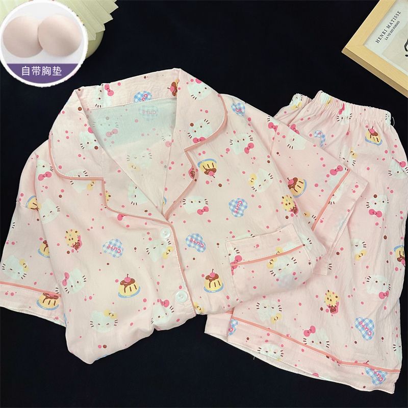 Venta al por mayor transfronteriza con almohadilla para el pecho Nube de algodón nuevo pijama de dibujos animados para mujer lindo pantalones cortos de manga corta rebeca solapa servicio a domicilio