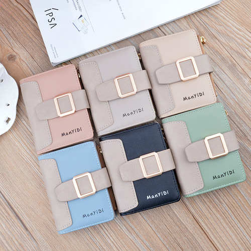 New Wallet Women's Short Wallet Compact Fashion Contrast Color Zipper Wallet Student Drawstring Buckle Coin Purse Card Holder