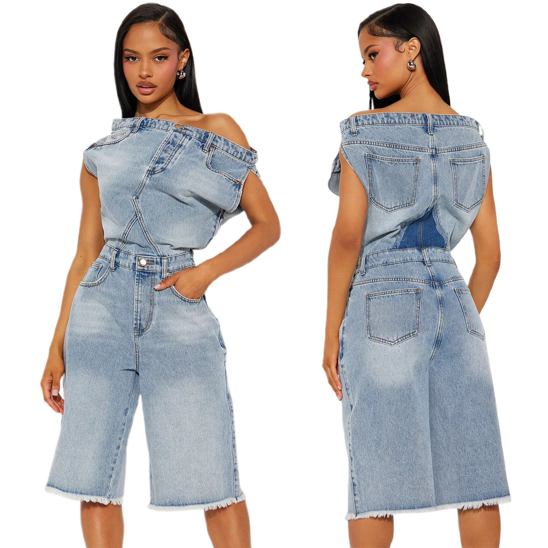 Women's Strapless Off-Shoulder Slim Fit Denim Jumpsuit Casual Fashion American Style New_ecoleips.com