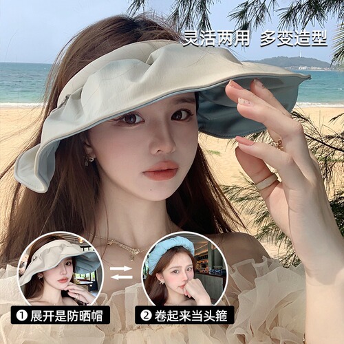 Summer Top-Down Sun Hat for Women, Black Rubber UV Protection Shell Sun Hat with Wide Brim
