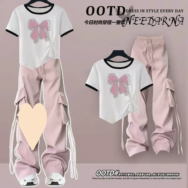 White pink top knot + pink overalls [suit]