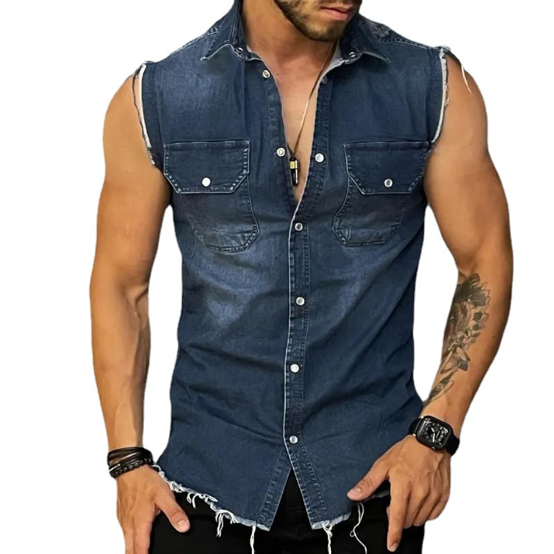 Denim T-shirt lapel sleeveless cardigan muscle tank top men's clothing_voghion.com