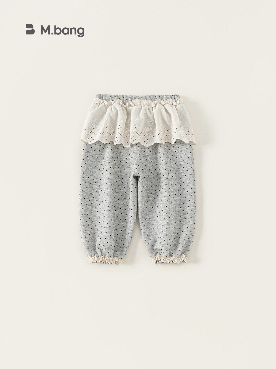 Ropa para niños Youbao, pantalones para niñas, estilo nuevo de primavera y otoño, pantalones deportivos de lunares de color liso para niñas pequeñas con ribete de encaje en la cintura y puños antimosquitos.