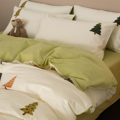 A-type 100% cotton four-piece set, Instagram cute summer pure cotton bed sheet and duvet cover set, cartoon three-piece set towel embroidered washed cotton