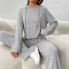 春秋冬新款跨境欧美女士简约连帽时尚纯色慵懒感长袖长裤两件套装
