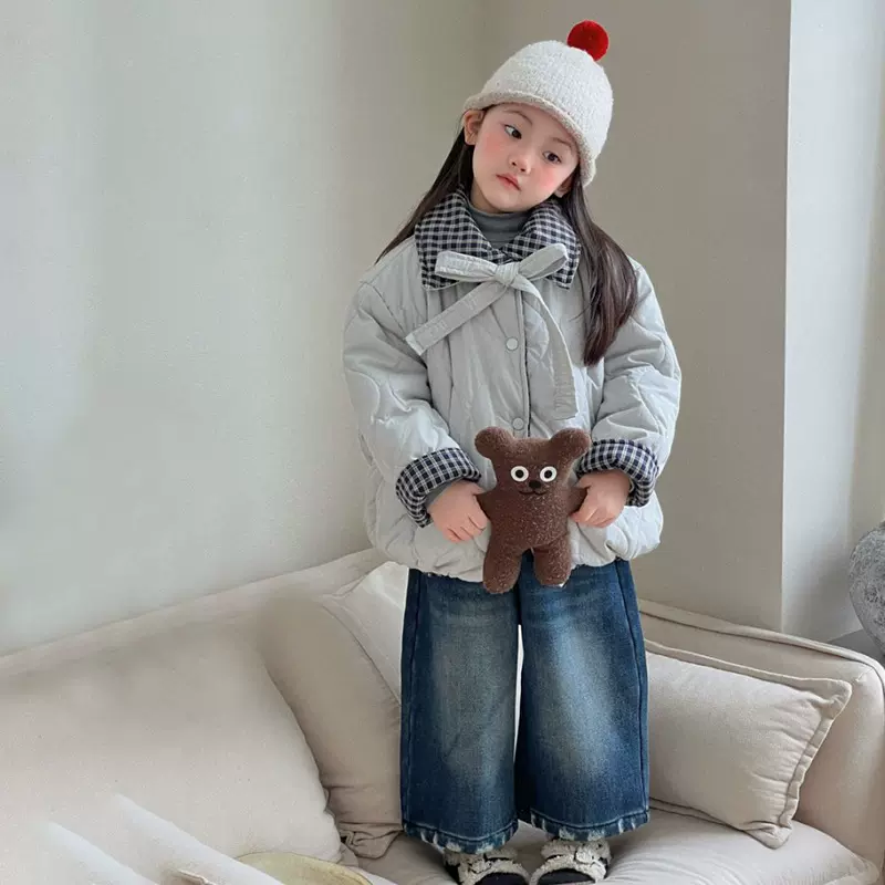 女童棉服2025新款儿童洋气两面穿夹棉冬装外套加绒牛仔裤两件套潮