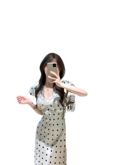 Pure Desire Lace Dot V-neck dress Women's Summer Slim-fit Waist Straight Dress Elegant Long Dress