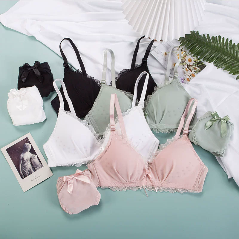 Push‑up wireless bra set, lace trim and bow, thin cups, pretty back, sizes 70AB–85AB