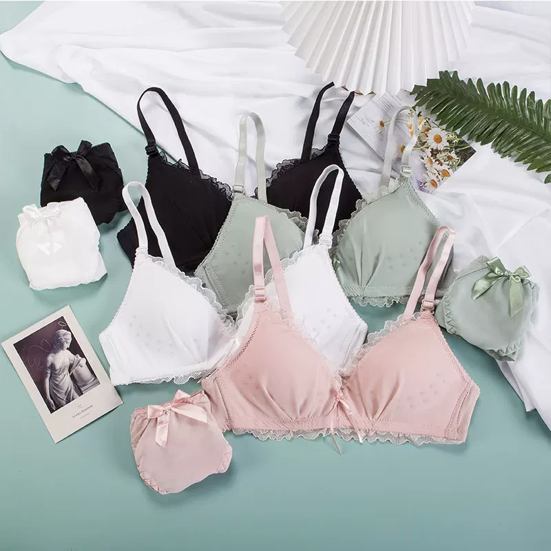 Push‑up wireless bra set, lace trim and bow, thin cups, pretty back, sizes 70AB–85AB