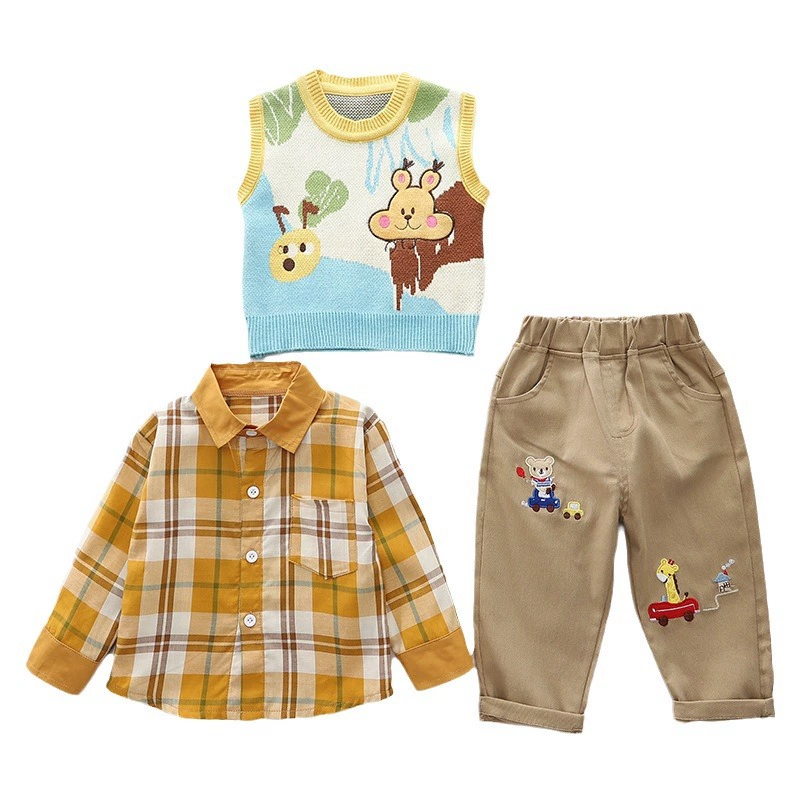 Spring set for boys, children's cartoon vest, autumn shirt, children's clothing, 3 piece set