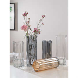 简约竖棱玻璃花瓶创意彩色透明百合客厅大号水养插花洋牡丹摆件