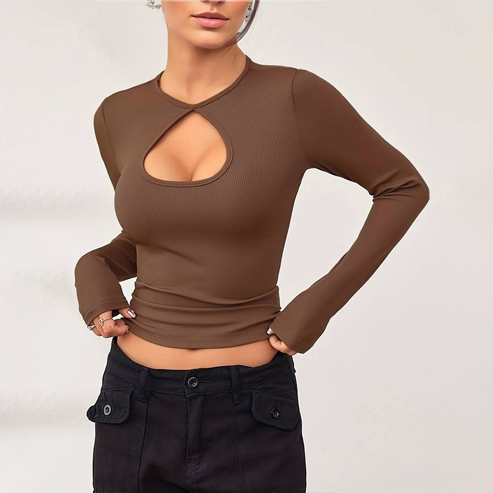 Voya Women's Simple And Versatile T-shirt For Spring And Summer Casual Commuting, Long Sleeved Slim Fit Solid Color Top For Interior Wear_ecoleips.com