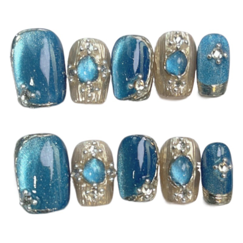 Hecho a mano desgaste uñas celebridad en línea Pequeño Libro Rojo popular buchirati Ojo de Gato Azul joya espejo mágico Rosa parche de uñas falsas