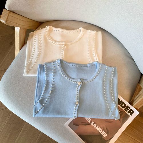 French-style elegant and graceful thin design beaded cardigan vest fashionable sleeveless knit top