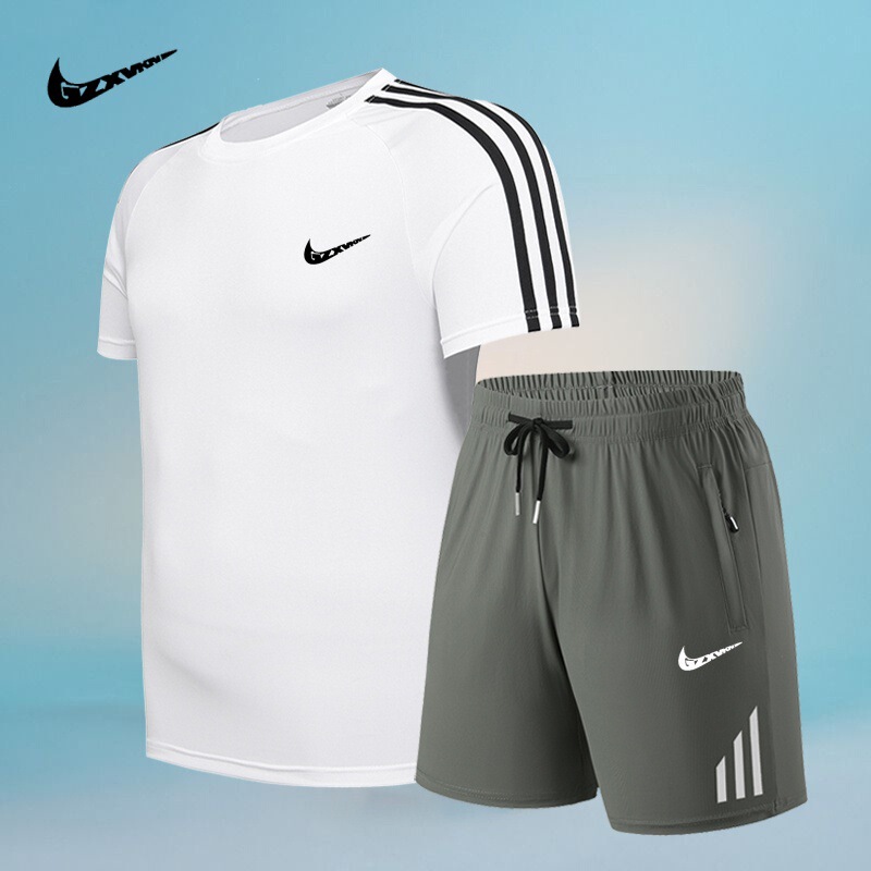 Three Bar Summer T-shirt Men's Thin Elastic Quick-drying Sports Casual Pants Plus Size Ice Silk Sports Two-piece Set Three Bar Summer T-shirt Men's Thin Elastic Quick-drying Sports Casual Pants Plus Size Ice Silk Sports Two-piece Set