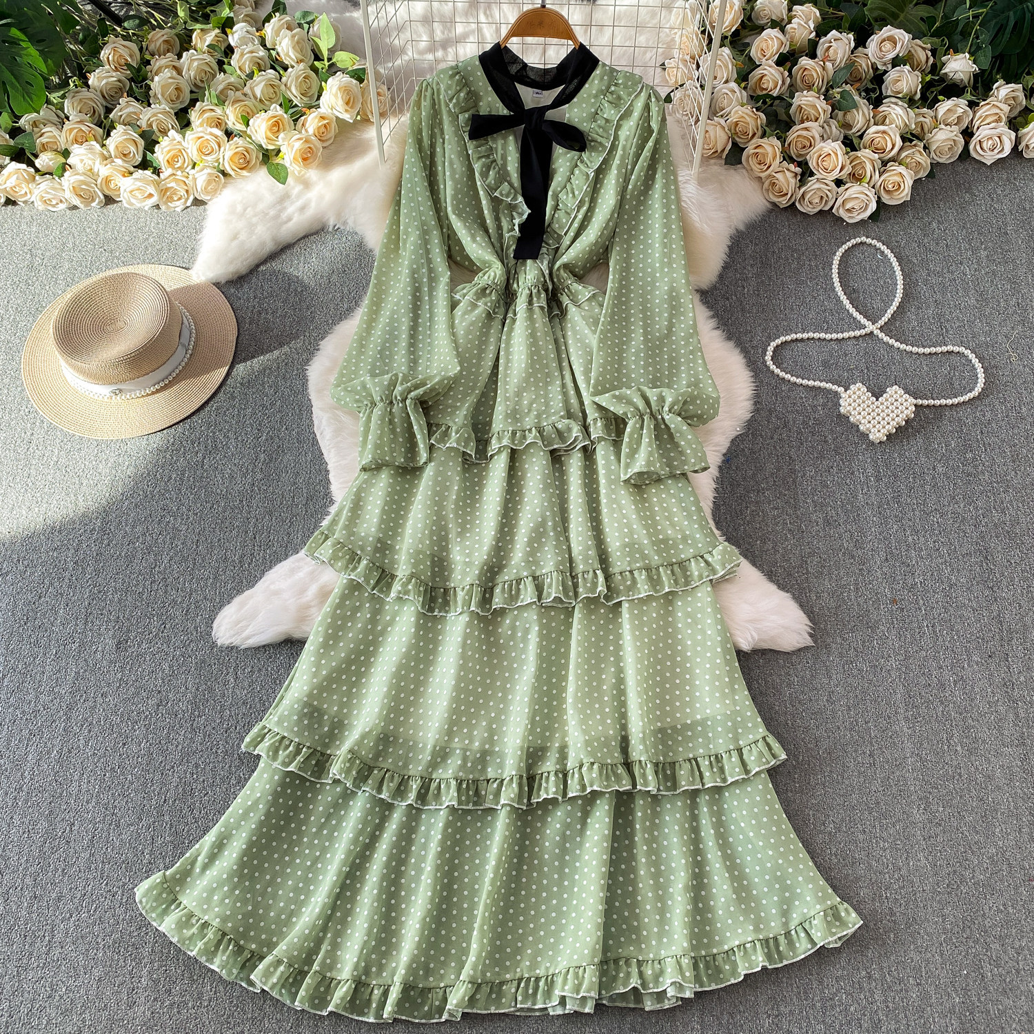 Women's French Sweet Color Block Bow V Neck Long Sleeve Dress Summer Polka Dot Ruffle Hem Elegant Long Skirt_ecoleips.com