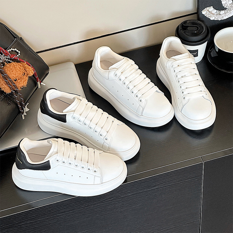 Mcqueen Versatile White Sneakers for Women 2026 Spring/Summer First-Layer Cowhide Men's Thick-Soled Height-Increasing Casual Couple Sports Sneakers