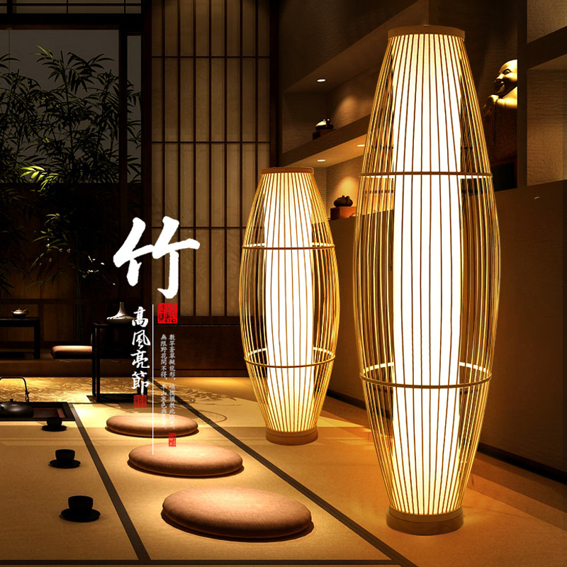 Bambú lámpara de pie de estilo antiguo sala de estar lámparas de Arte de bambú chino Tea Room club japonés Sudeste asiático bambú tejido creativo Lámpara decorativa