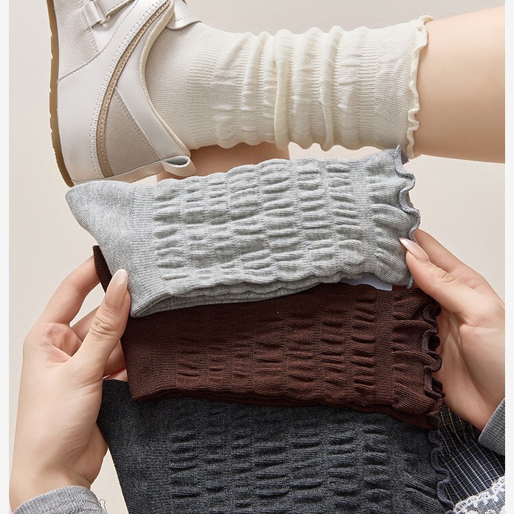 Ruffled Edge Stacked Socks for Women, Solid Color Mid-Calf Socks, Pleated Long Socks, Simple Cotton Socks, Casual Socks for Women