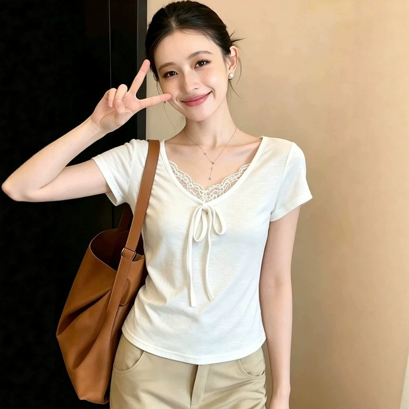 260g Rayon White Lace Patchwork Tie V-Neck Short-Sleeve T-Shirt for Women, Summer Slim-Fit Design Top 260g Rayon White Lace Patchwork Tie V-Neck Short-Sleeve T-Shirt for Women, Summer Slim-Fit Design Top