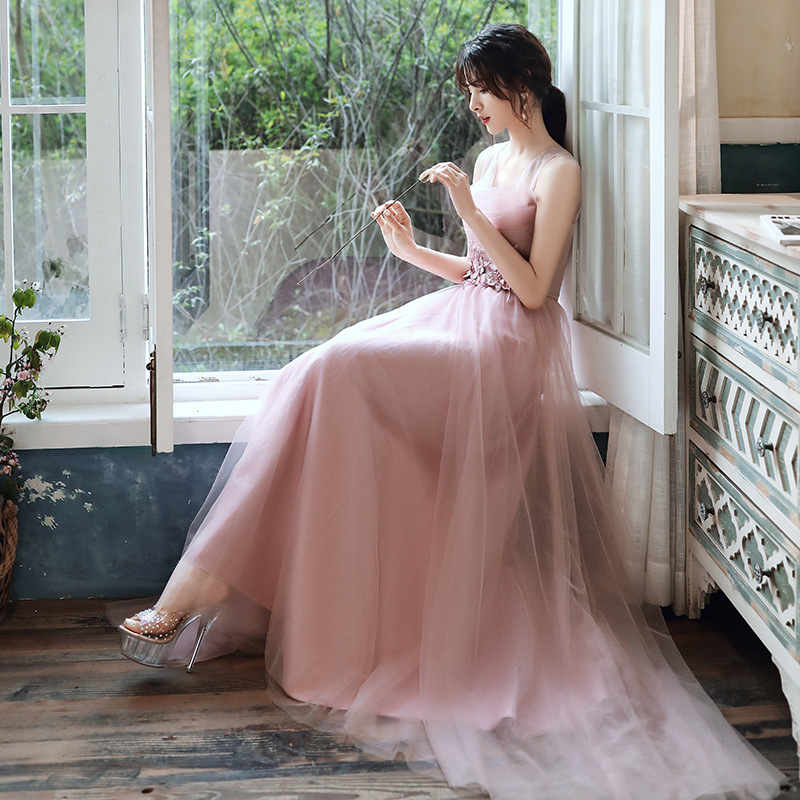 Bean Paste Pink Evening Dress for Women, High-End New Style, Elegant Mesh Design, Sexy Strapless Banquet Dress, Coming-Of-Age Ceremony Host Dress