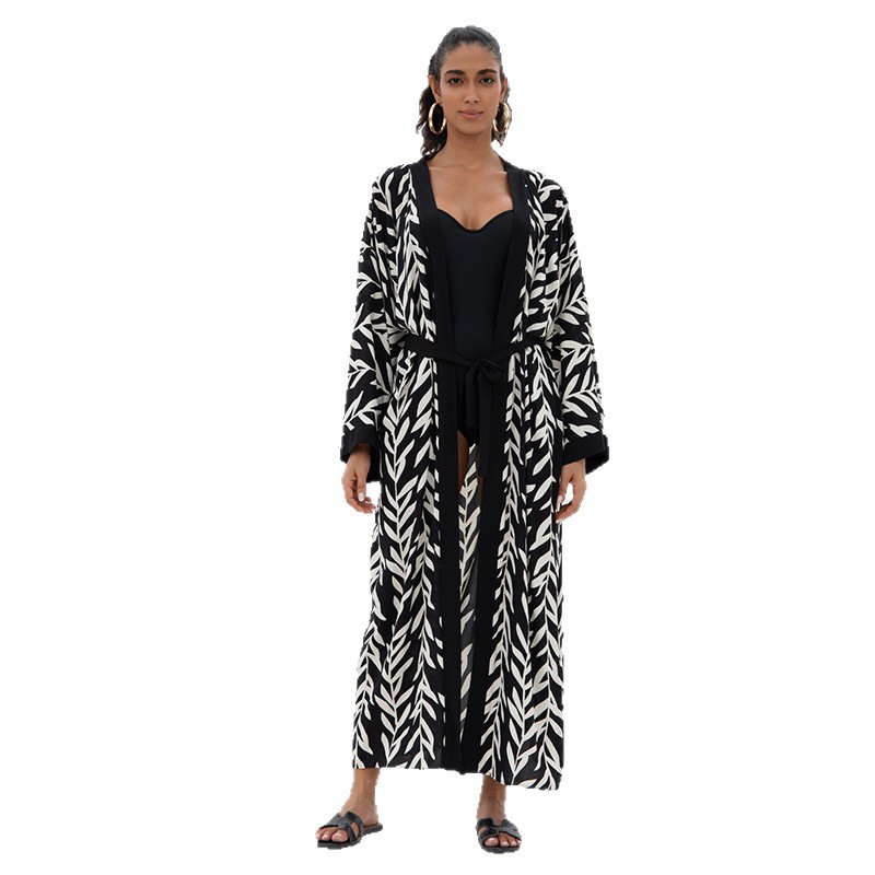 Women's Flowy Cover Up Kimono Beach Dress With Exotic Prints Lightweight Linen Feel Fabric For Pool, Vacation, Boho Outfit_ecoleips.com