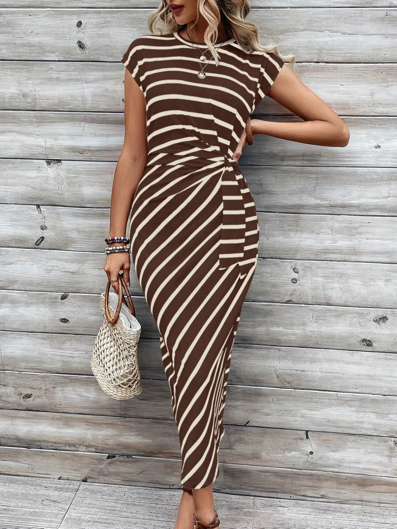 Women's Long Dress With Waist Tie Round Neck Short Sleeved High End Sophisticated Summer Dress_ecoleips.com
