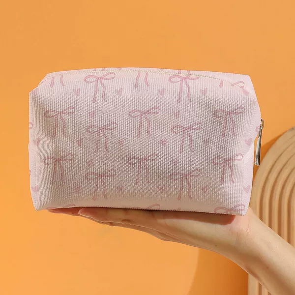 Cross-Border Amazon Simple Bow Love Picture Thick Corduroy Zipper Lightweight Cosmetic Bag Multi-Functional Toiletry Bag