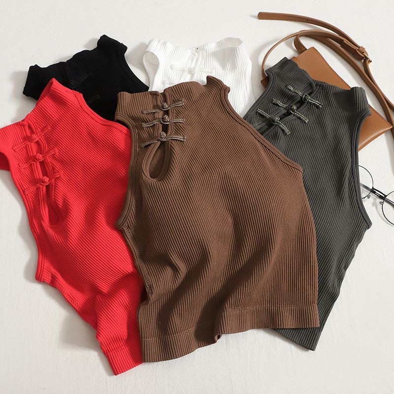 Chinese style retro buckle halter camisole women's spring and summer new sexy Slimming Beauty strap chest pad sleeveless top