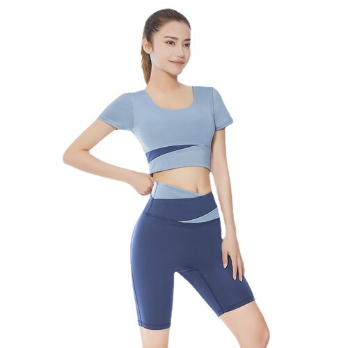 Spliced ​​short navel-baring skin-friendly sports short-sleeved yoga wear with contrasting colors, high-speed dry waist and hip lifting fitness pants set