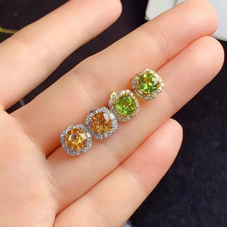 Серьги-гвоздики из серебра S925 с натуральным перидотом и цитрином, элитные, в стиле легкой роскоши, с основным камнем круглой огранки 6 мм, для женщин