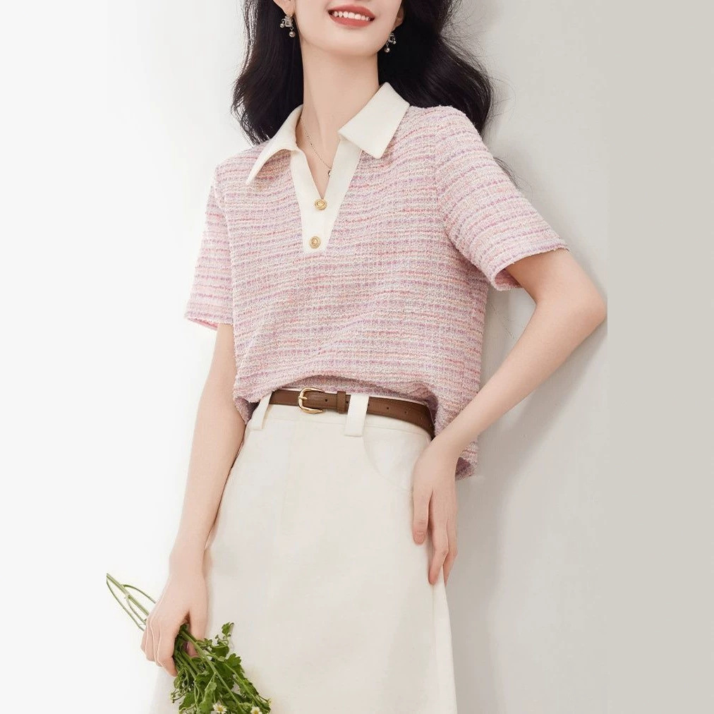 Áo thun ngắn tay cổ lật phong cách tiểu thơ, phối màu tương phản giảm tuổi — màu hồng chi tiết 4