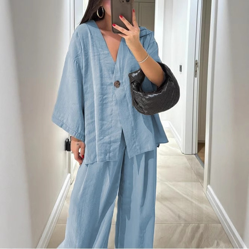 2026 women's fashion casual suit V-neck one-button loose long-sleeved top high-waisted trousers two-piece set